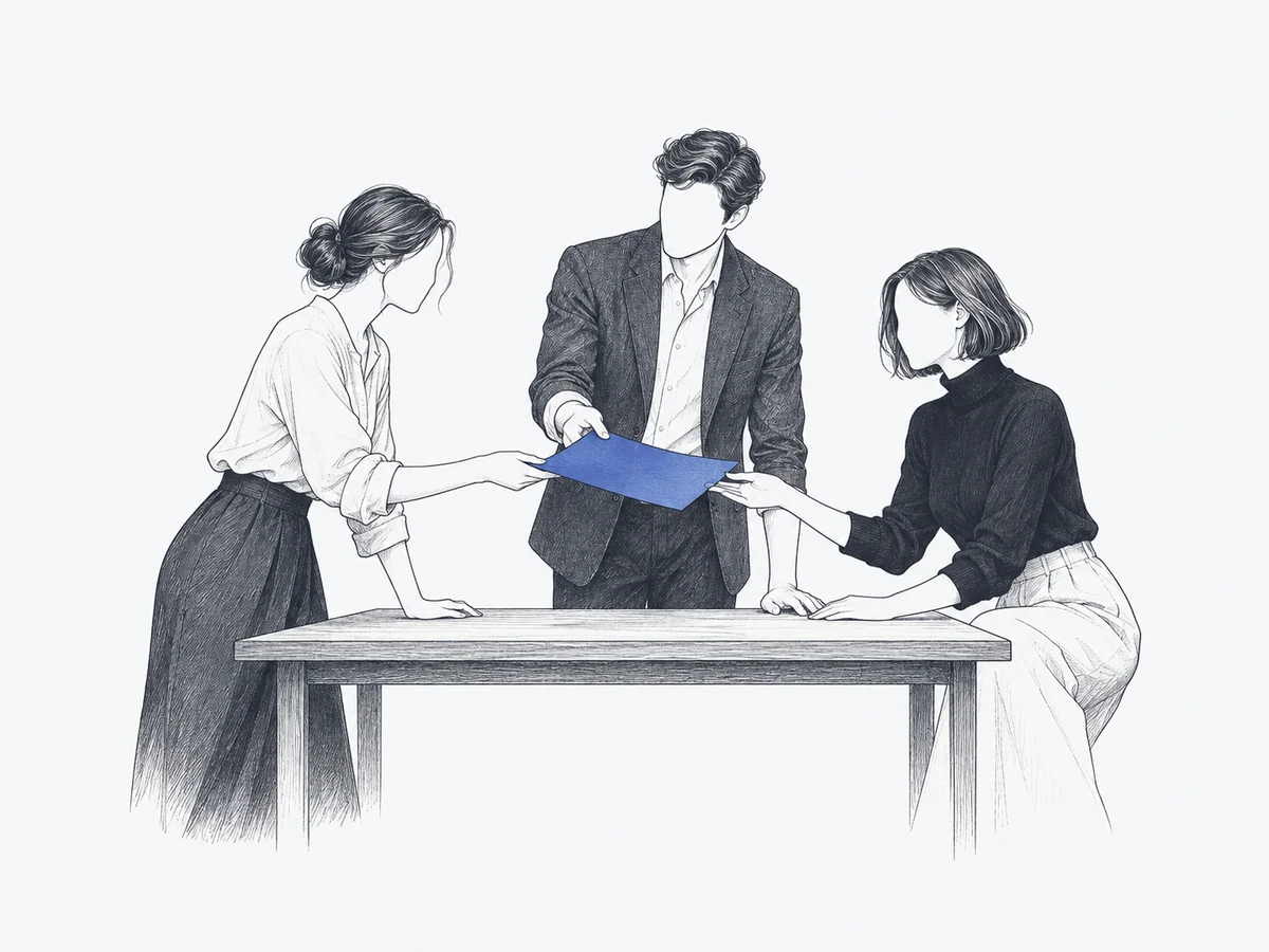 Three colleagues share a new way of working around one table.